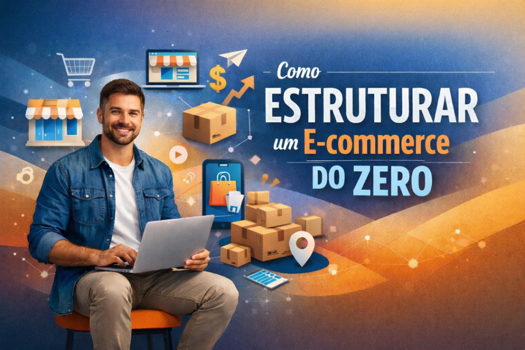 Imagem com homem com computador e icones relacionados a estruturação de ecommerce